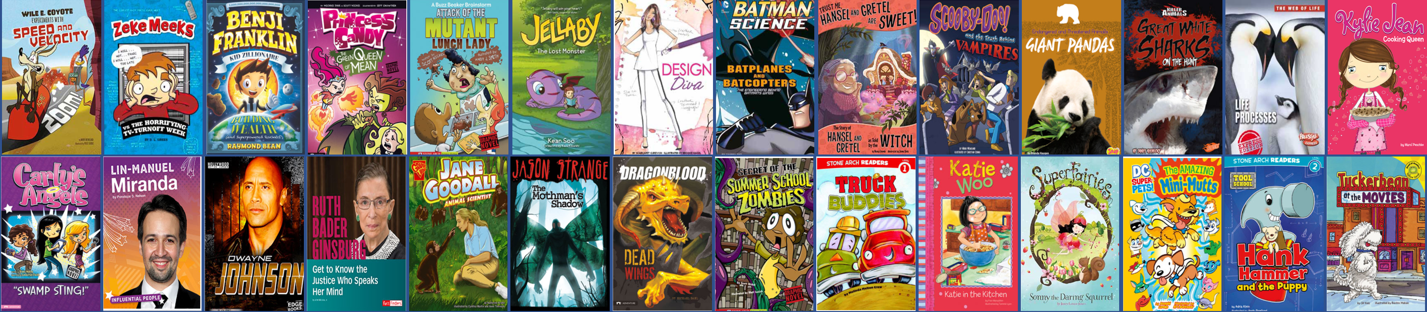 Selection of MyOn books including Schooby Doo, Benji Franklin, Kylie Jean, and Lin Manuel Miranda.