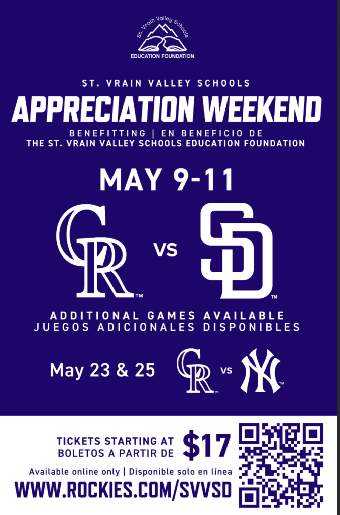 Promotional poster for St. Vrain Valley Schools' Appreciation Weekend, May 9-11, featuring Rockies games and ticket info.
