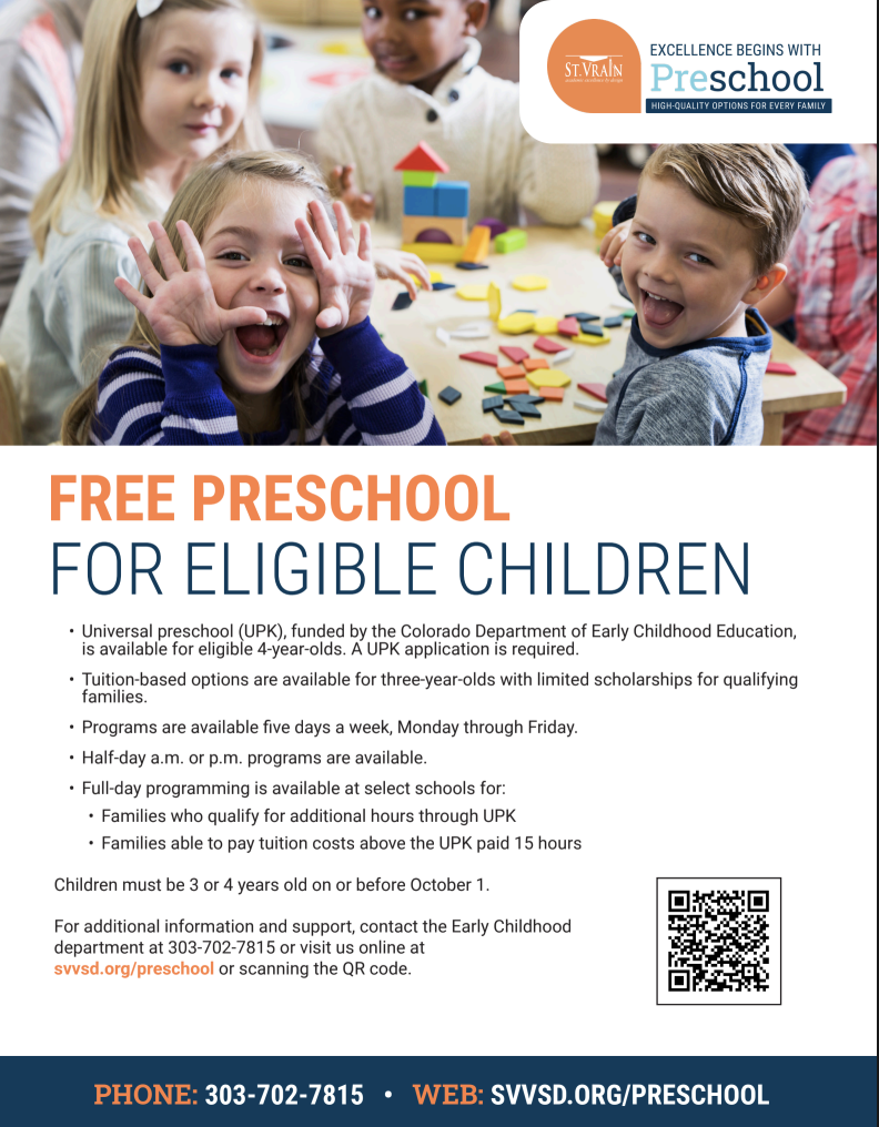 Image promotes free preschool for eligible children, detailing programs, age requirements, and contact information.