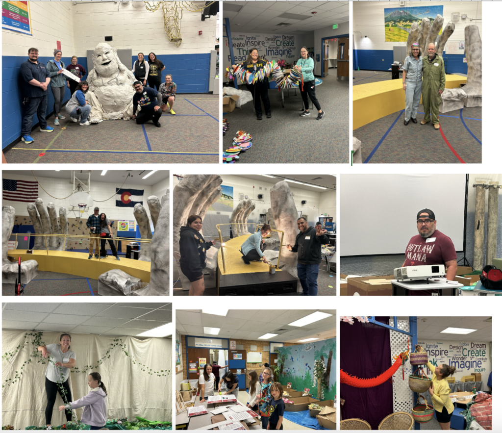 People engage in creative activities in a classroom, surrounded by art projects and colorful decorations.