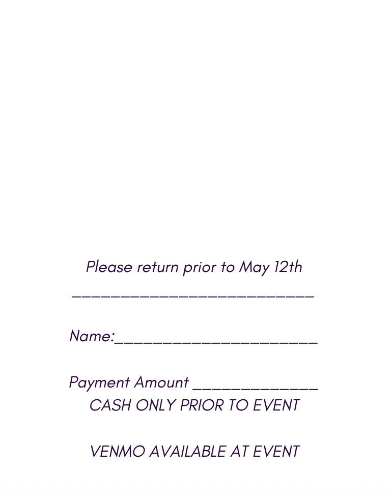 Form for event registration with sections for name and payment amount, mentioning cash and Venmo options.