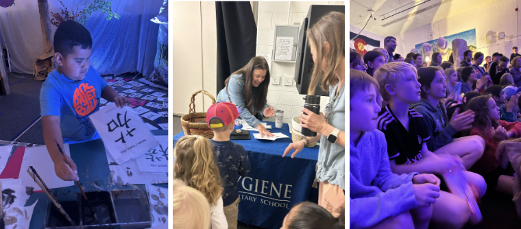 A child paints, a teacher assists students at a table, and an excited crowd watches an event in a school setting.