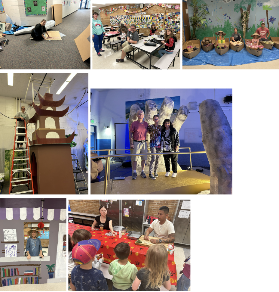 Various scenes of people engaging in activities like crafting, learning, and participating in cultural events at a school.