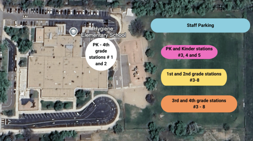 Map of Hygiene Elementary School showing grade stations and staff parking areas. Color-coded for easier navigation.