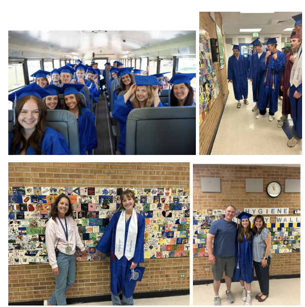 Graduation moments: students in caps on a bus, posing in gowns, celebrating, and showcasing a colorful art wall.