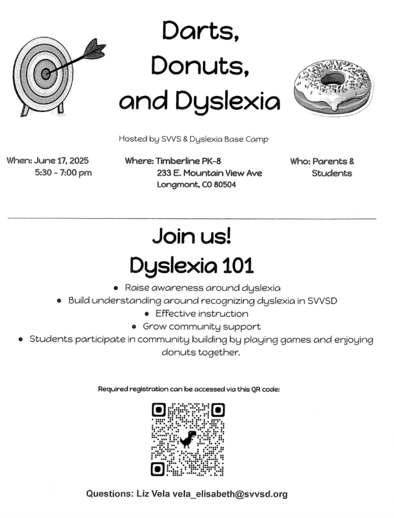 Event flyer for "Darts, Donuts, and Dyslexia" on June 17, 2025, at Timberline PK-8, focusing on dyslexia awareness and community.
