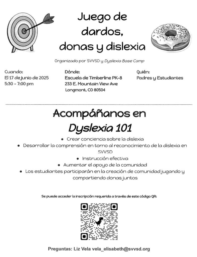 Event flyer for a darts game, donuts, and Dyslexia 101 on June 17, 2025, at Timberline PK-8, Longmont, CO.