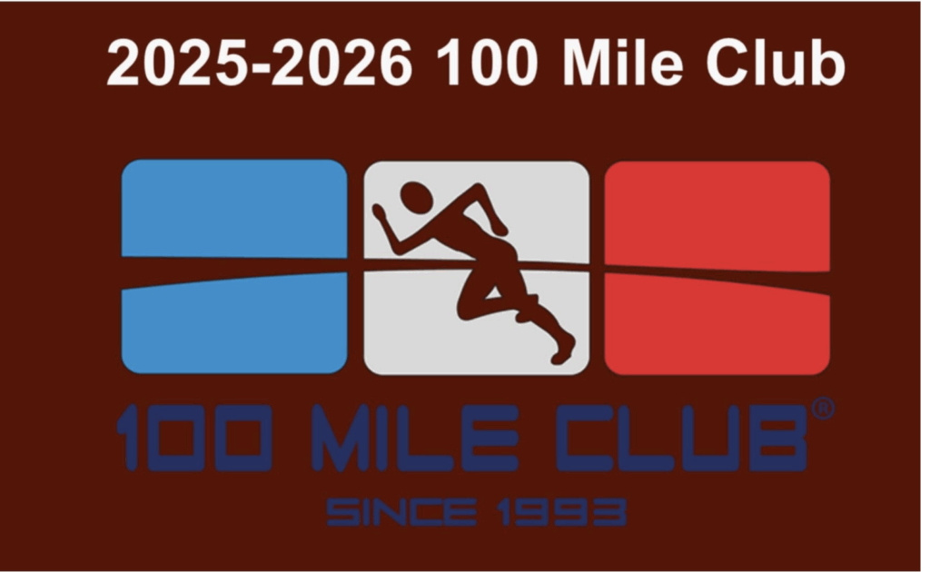 Logo for the 100 Mile Club, featuring a runner, with text indicating the years 2025-2026 and "Since 1993."