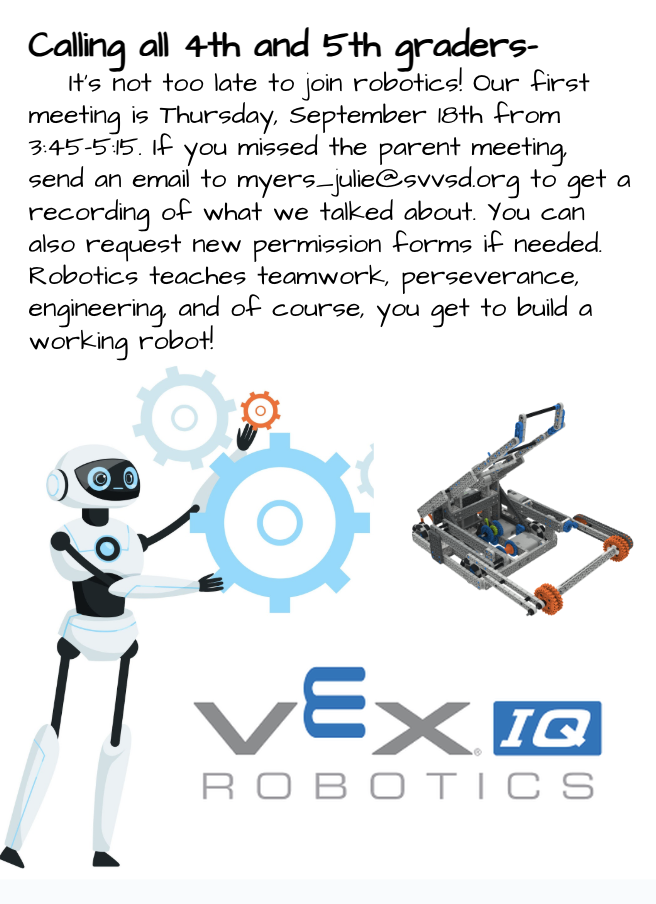 Announcement for 4th and 5th graders about joining robotics, with details on the first meeting and benefits of participation.