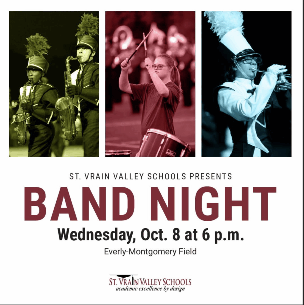 Image features three band members performing, promoting Band Night on Oct. 8 at Everly-Montgomery Field.