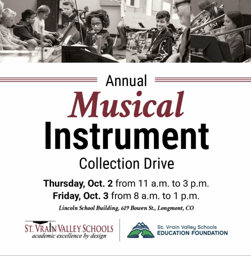 Promotional poster for a musical instrument collection drive on Oct. 2 and 3 at Lincoln School, Longmont, CO.