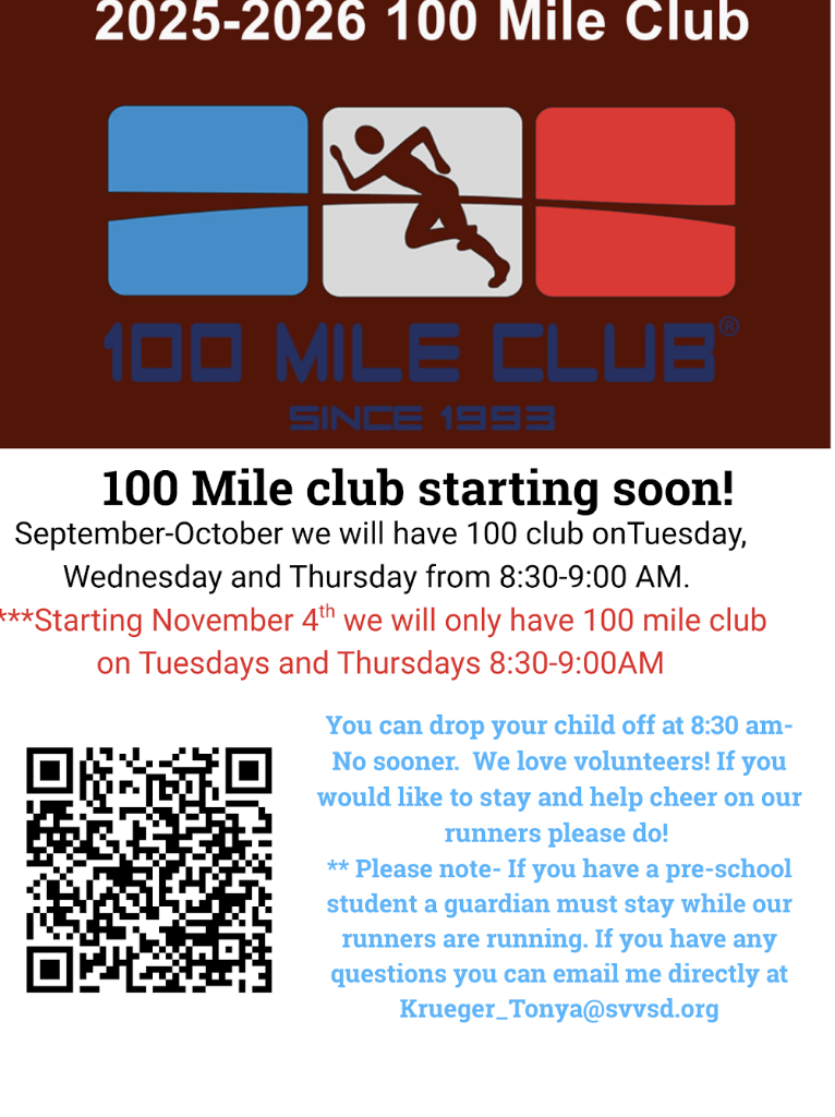 Announcement for the 100 Mile Club starting in September, meeting Tuesdays and Thursdays from 8:30-9:00 AM.