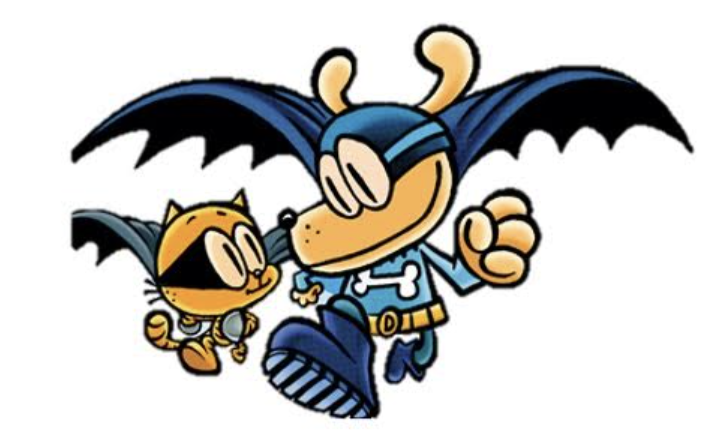 A cartoon dog and cat, both in superhero costumes with capes, happily run together.