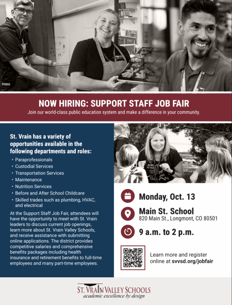 Image of a job fair flyer for St. Vrain Valley Schools, detailing support staff positions and event information.