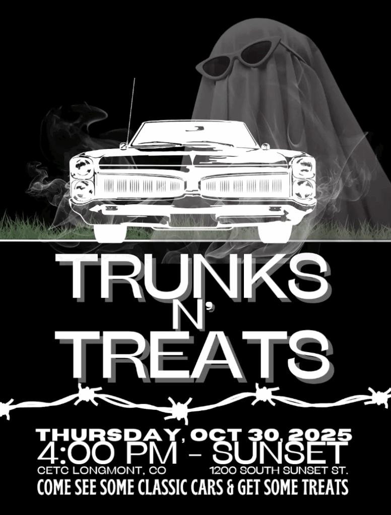 Event flyer for "Trunks n' Treats" featuring a classic car, ghost figure, and event details for October 30, 2025.