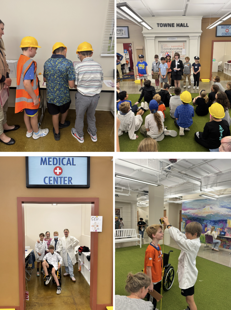 Children engage in a simulated community environment, exploring roles in construction and healthcare settings.