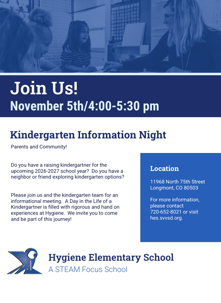 Event flyer for Kindergarten Information Night at Hygiene Elementary School on November 5th, 4:00-5:30 PM.