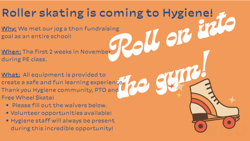 Announcement for roller skating at Hygiene School in November during PE, with provided equipment and volunteer info.