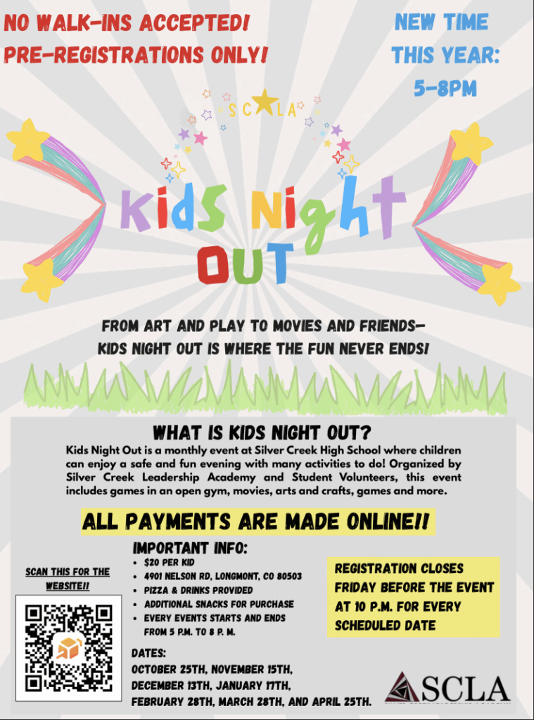 Colorful flyer for "Kids Night Out" event at Silver Creek High School, detailing activities, dates, and registration info.