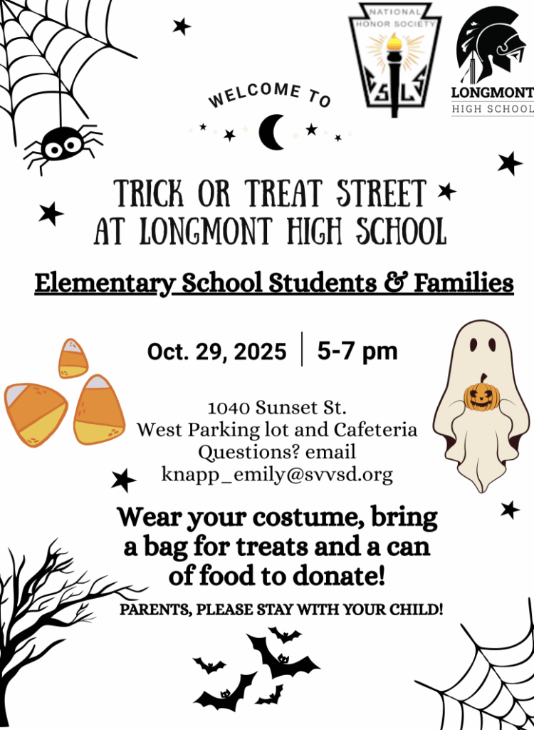 Event flyer for Trick or Treat Street at Longmont High School on Oct. 29, 2025, for elementary families.
