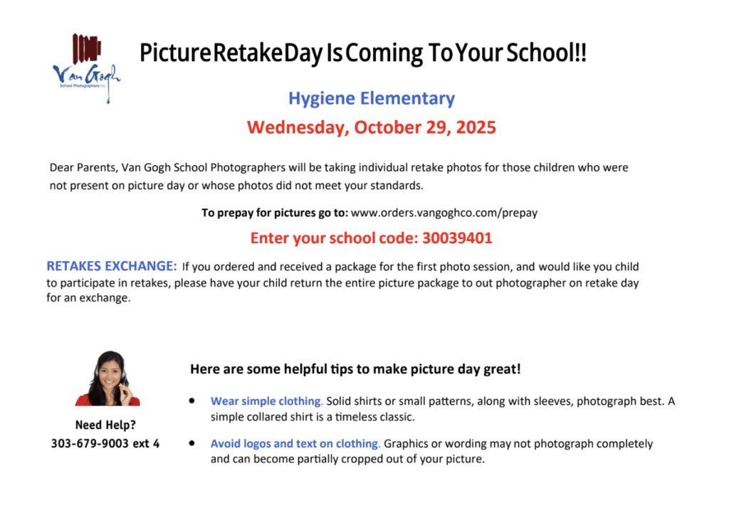 Announcement for Hygiene Elementary's Picture Retake Day on October 29, 2025, with tips for parents and contact info.