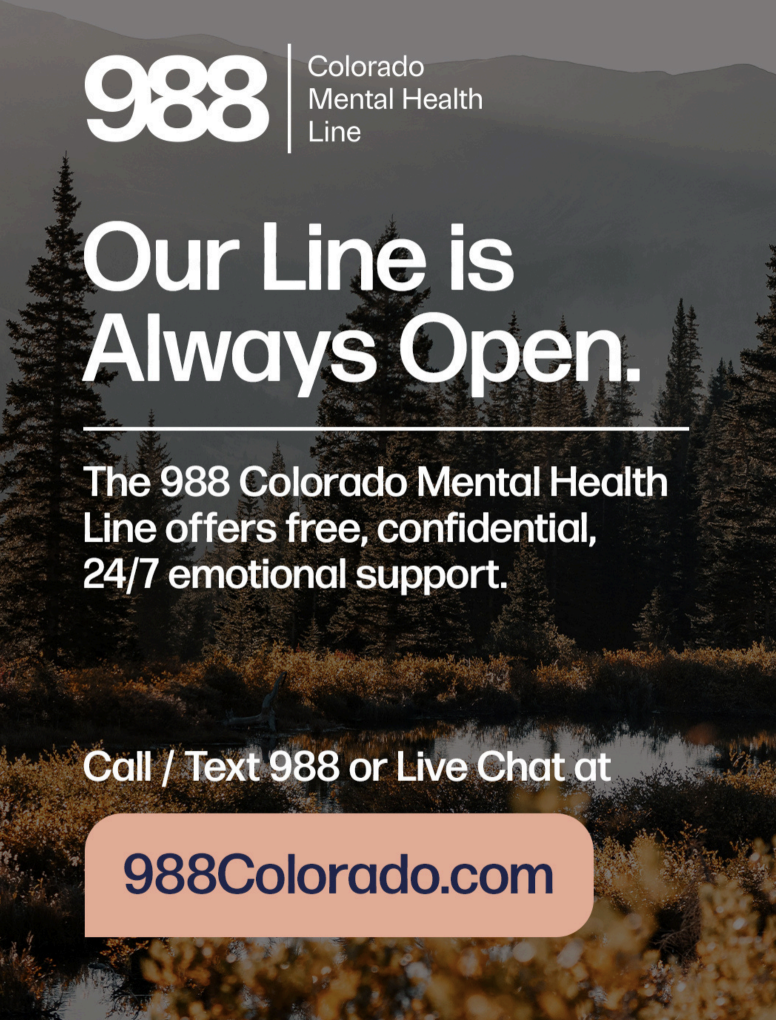 Graphic promoting the 988 Colorado Mental Health Line, offering 24/7 emotional support via call, text, or chat.