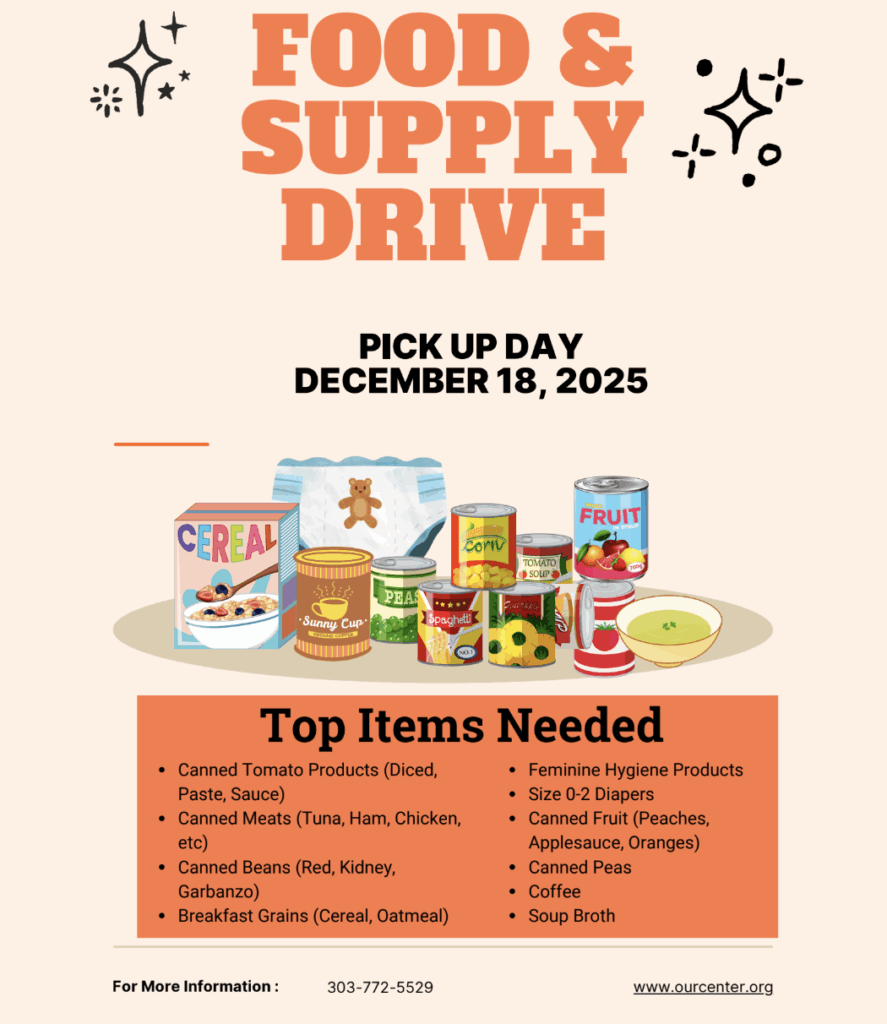 Image of a food and supply drive poster with details on pick-up day, needed items, and contact information.