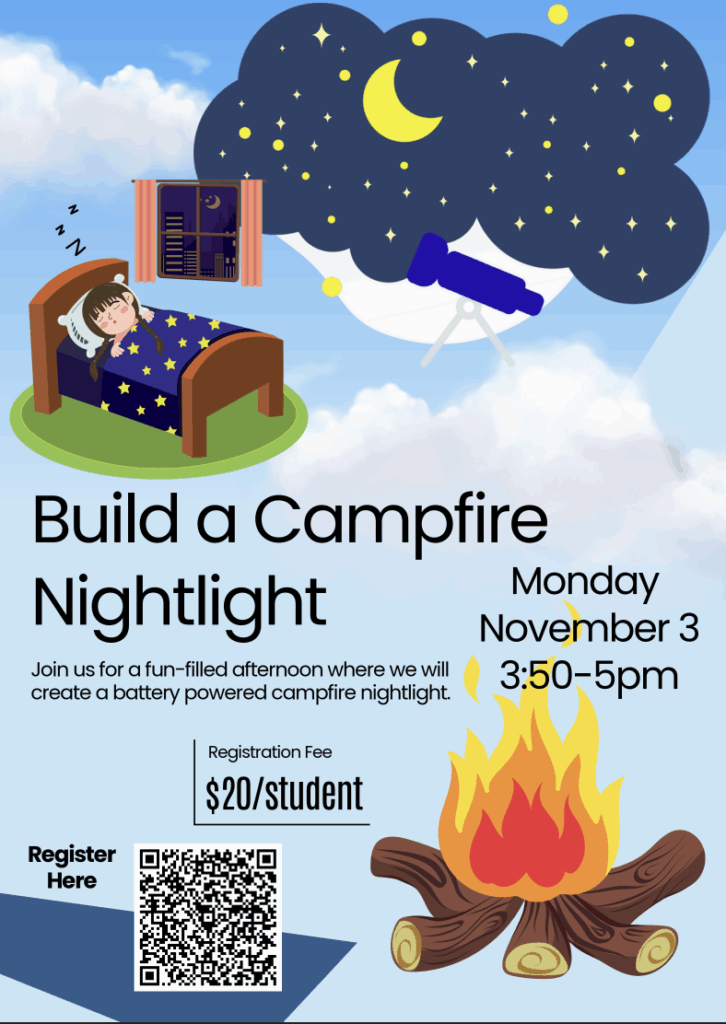 Illustration of a girl sleeping in bed with a nightlight, promoting a campfire nightlight event on November 3.