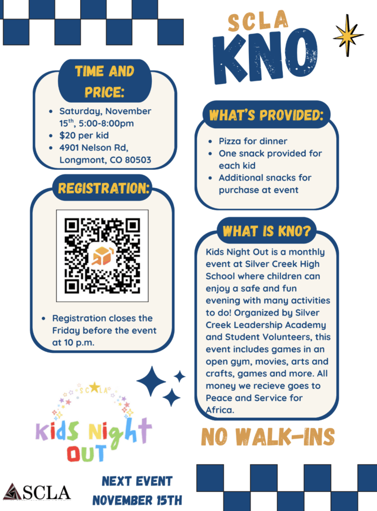 Event flyer for Kids Night Out on November 15th, 5-8 PM, at Silver Creek High School, featuring pizza and activities.