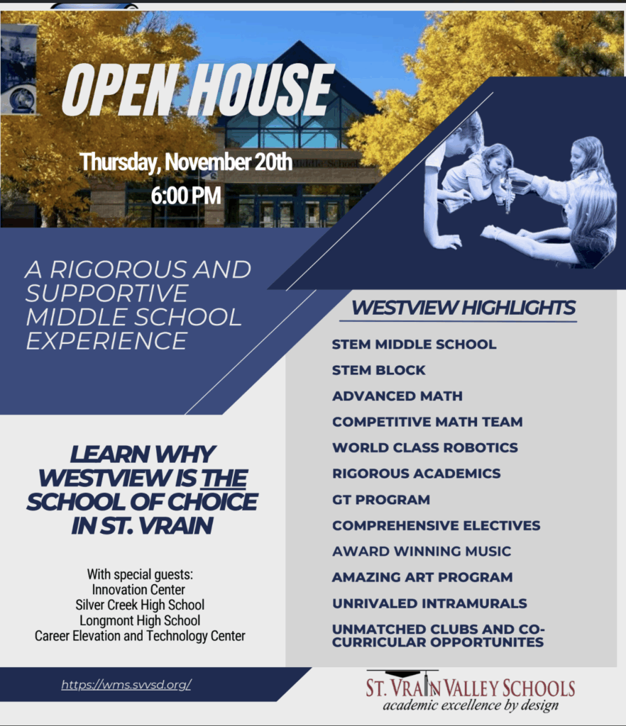Promotional flyer for an open house at Westview Middle School on November 20th, highlighting academic programs and activities.