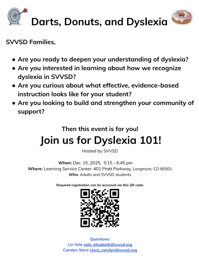 Event flyer for "Darts, Donuts, and Dyslexia," detailing a Dyslexia 101 session on Dec. 15, 2025, in Longmont, CO.