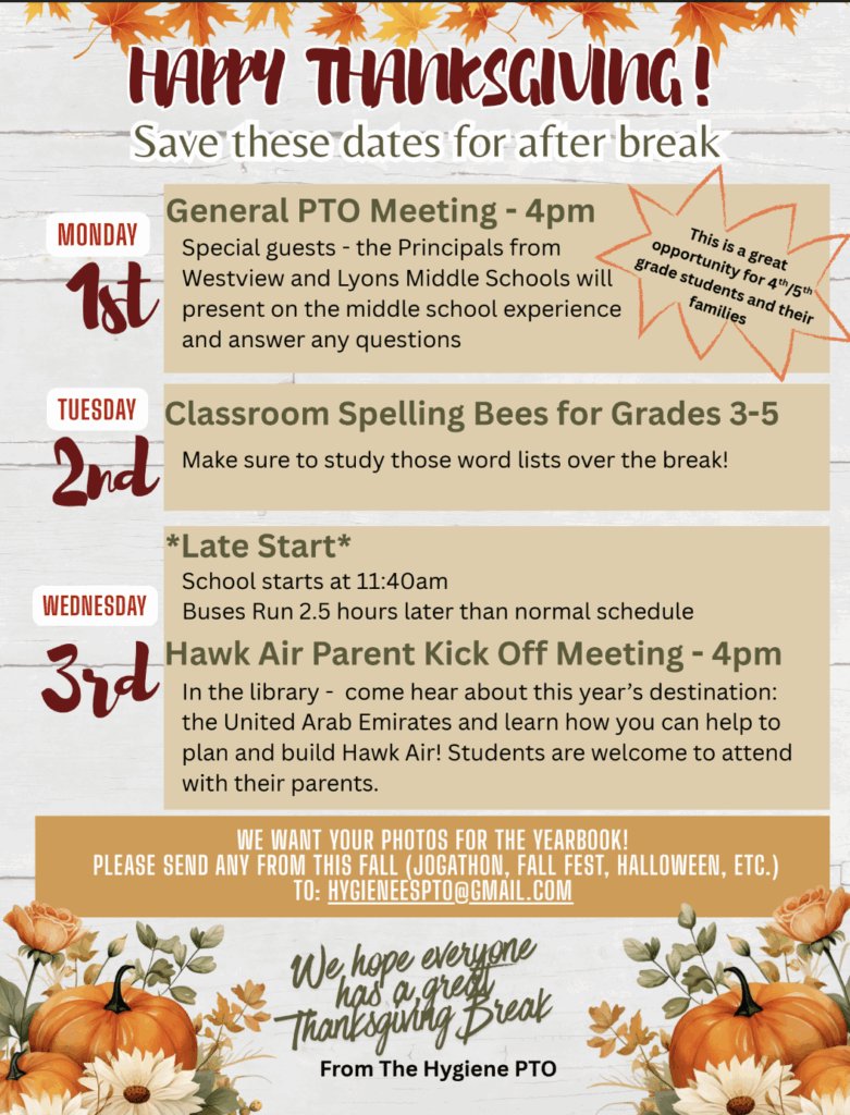 Thanksgiving event flyer with dates for PTO meeting, spelling bees, and parent kickoff meeting. Includes reminders and contact info.