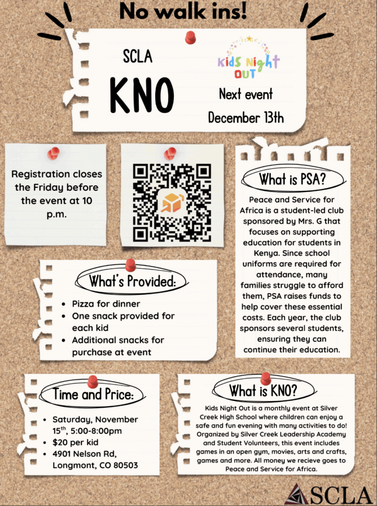 Event flyer for Kids Night Out on December 13, detailing registration, provided snacks, and purpose of the event.