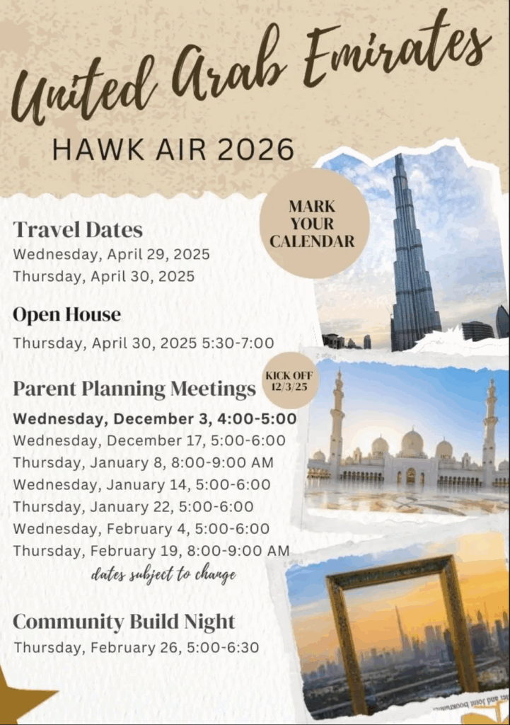 Event flyer for Hawk Air 2026 in UAE, listing travel dates, open house, planning meetings, and community build night.