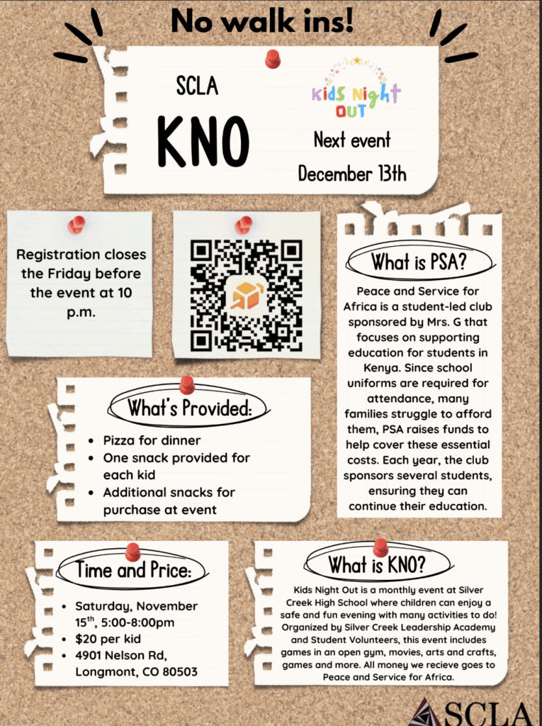 Event flyer for Kids Night Out on December 13, detailing registration, activities, and support for education in Kenya.