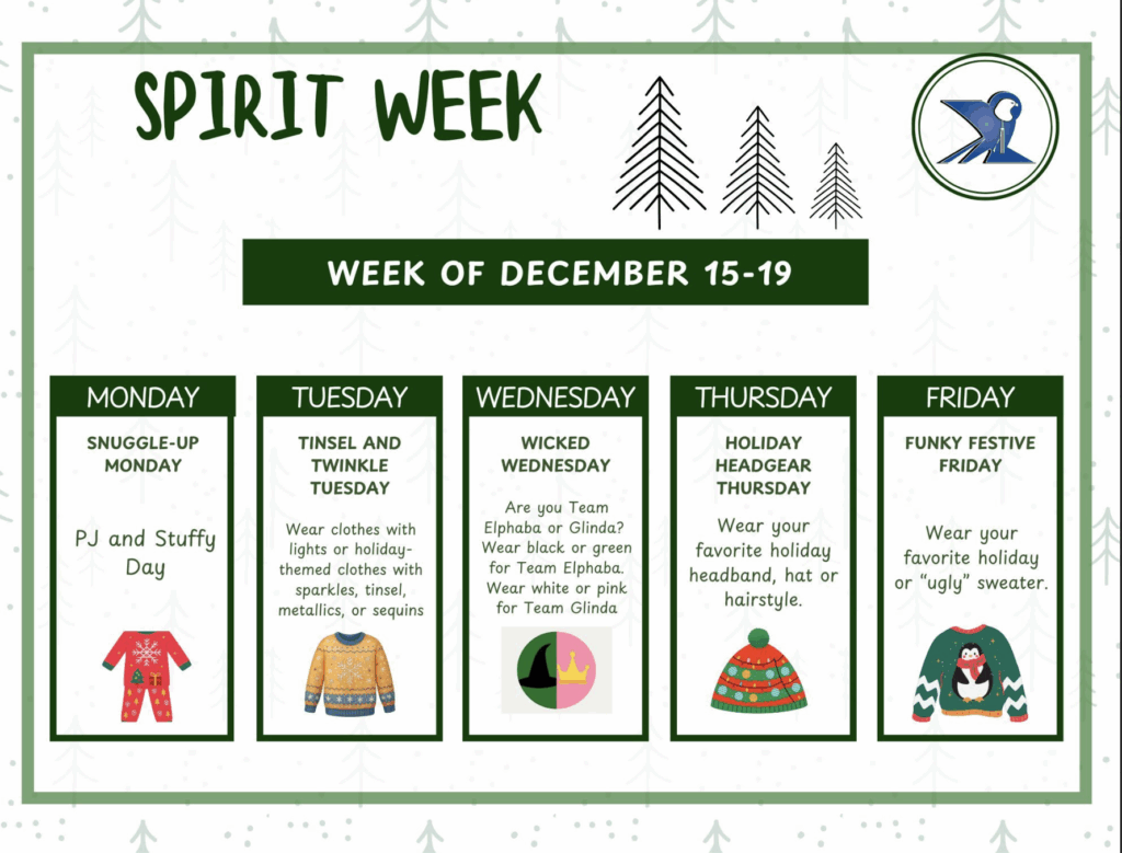 Spirit Week schedule for December 15-19, featuring themed days: PJs, festive attire, character colors, headgear, and sweaters.