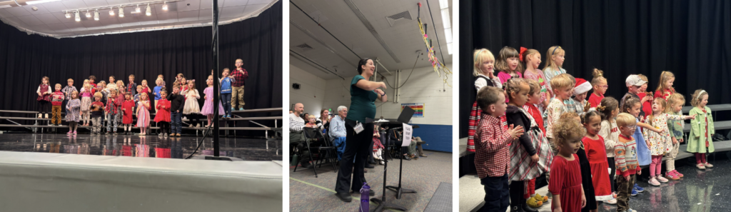 A children's choir performance with kids in festive attire singing on stage, accompanied by a conductor.