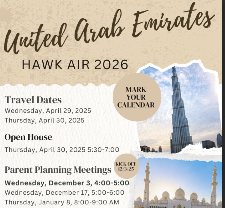 Event flyer for Hawk Air 2026 in the UAE, listing travel dates, open house, and parent meetings.