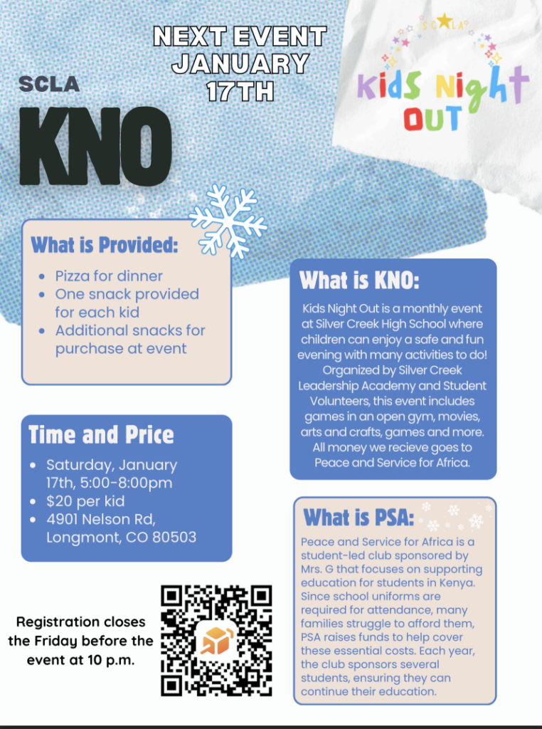 Event flyer for Kids Night Out on January 17th, offering pizza, snacks, and activities at Silver Creek High School.