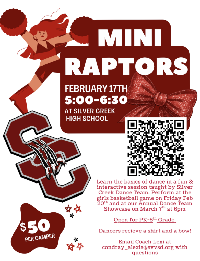 Event flyer for Mini Raptors dance session on February 17th at Silver Creek High School, for PK-5th grade.