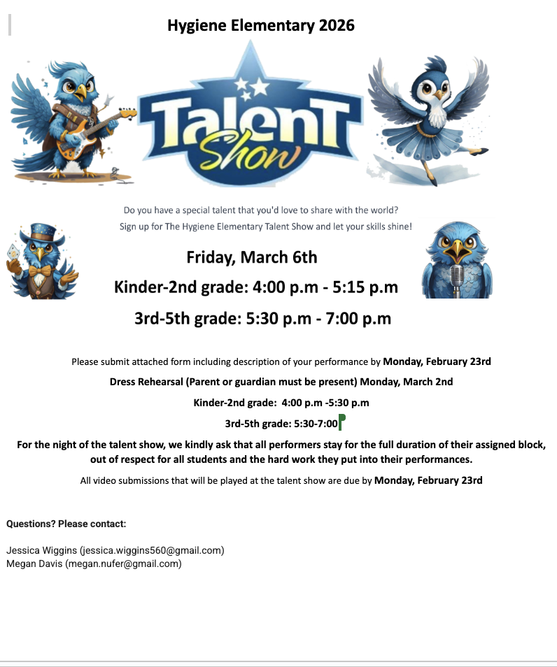 Poster for Hygiene Elementary Talent Show on March 6, 2026, with details for performers and contact information.