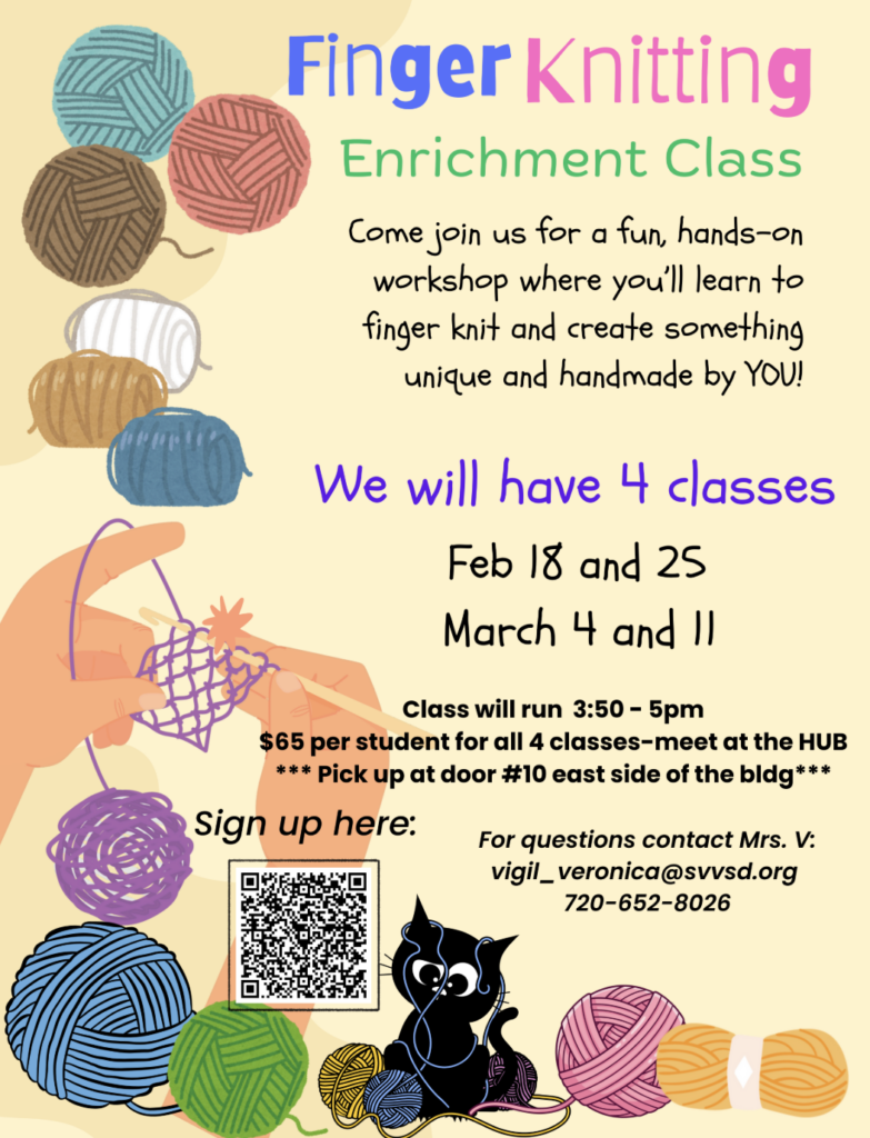 Colorful flyer for a finger knitting workshop, detailing dates, times, fees, and contact information.
