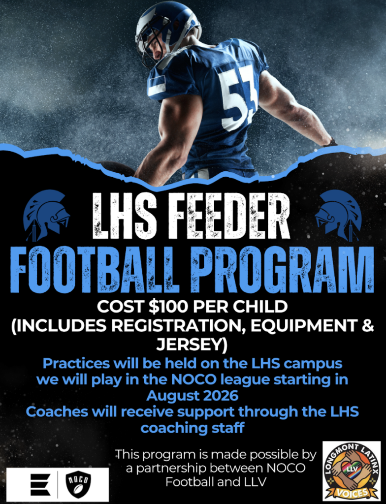 Image of a football player in uniform with text about the LHS Feeder Football Program, including costs and details.
