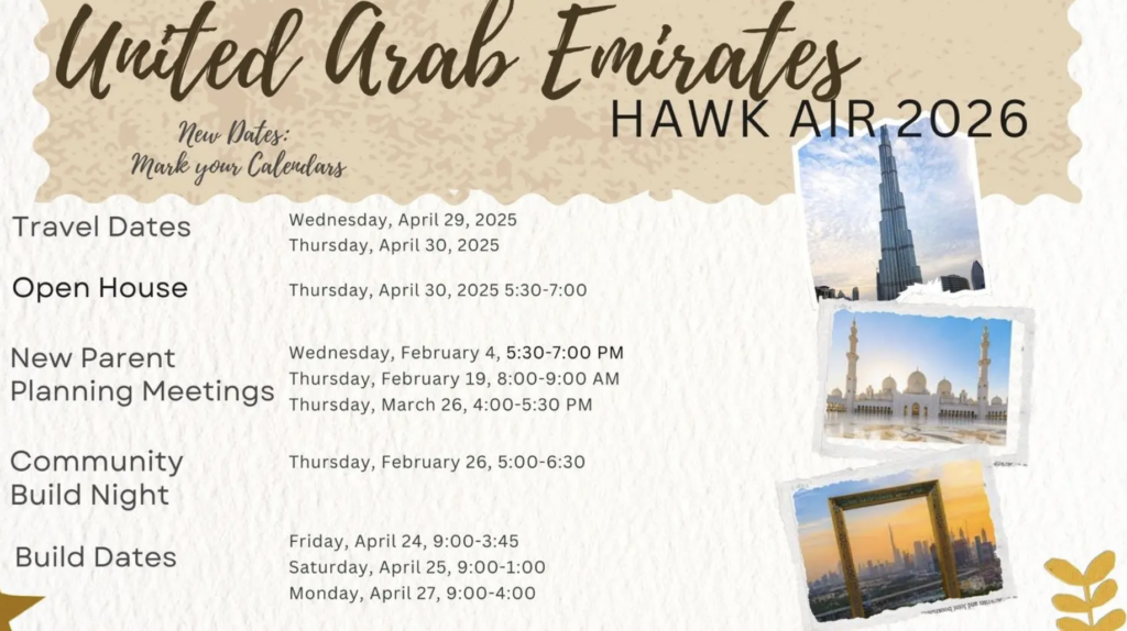 Event schedule for UAE Hawk Air 2026, including travel dates and meetings for parents and community build nights.