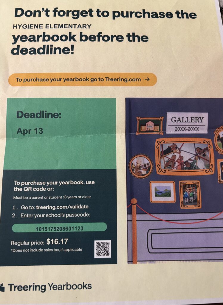 Hygiene Elementary yearbook purchase reminder with deadline April 13. Price is $16.17. QR code and instructions included.