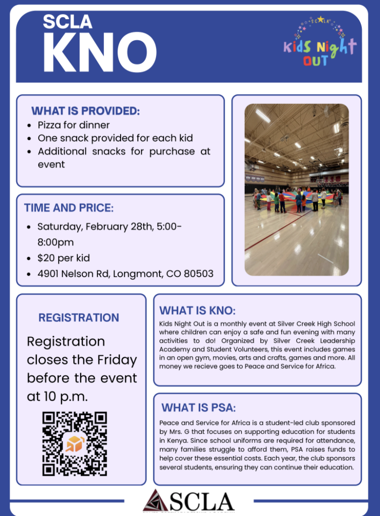 Event flyer for Kids Night Out at Silver Creek High School, featuring details on time, snacks, and registration.