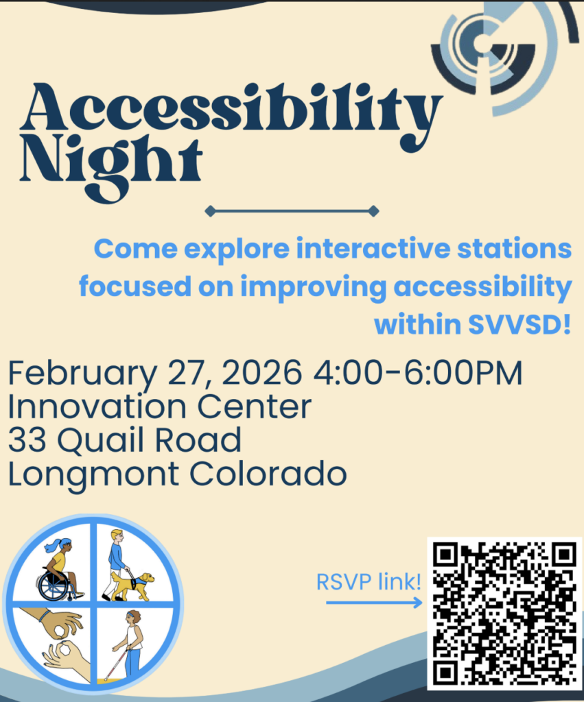 Event flyer for Accessibility Night on February 27, 2026, at Innovation Center, Longmont, CO, featuring interactive stations.