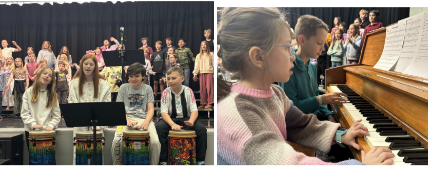 Children performing in a choir, with some playing drums; another pair is playing piano together.