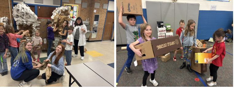 Children and adults engage in creative activities with cardboard, building projects and collaborating in a classroom setting.