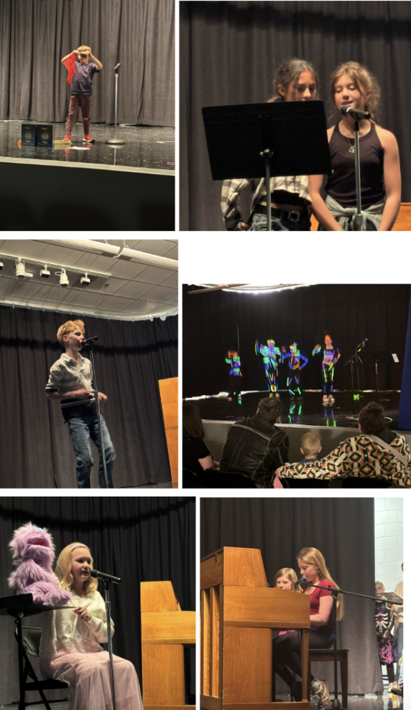 Students perform on stage, including singing, dancing, and using puppets, in a school talent show setting.